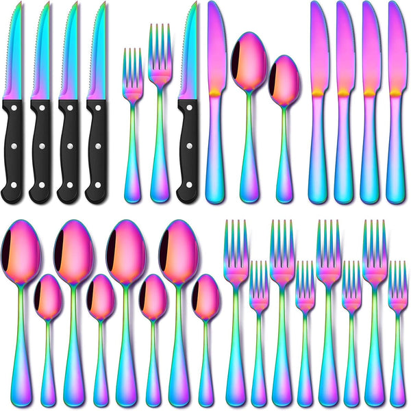 24 Piece Rainbow Silverware Set with Steak Knives Stainless Steel Flatware Set for 4 Cutlery Utensil Set Includes Knife Spoon and Fork Mirror Polished Dishwasher Safe for Home Restaurant1