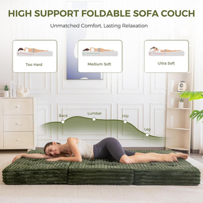 Floor Sofa Couch, 6 Inch Tri-Fold Floor Sofa Bed, Folding Mattress with Handles, Soft Faux Fur Folding Bed with Supportive Foam Filling, Portable Couch for Living Room, Full, Dark Green7