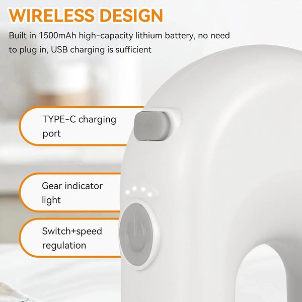 Cordless Hand Mixer, Electric Hand Whisk Portable Egg Beater Handheld Egg Beater Electric Handheld 4 Speed Adjustable Mini Hand Mixer Electric Mixer, USB Charing, 1500Mah(White)5