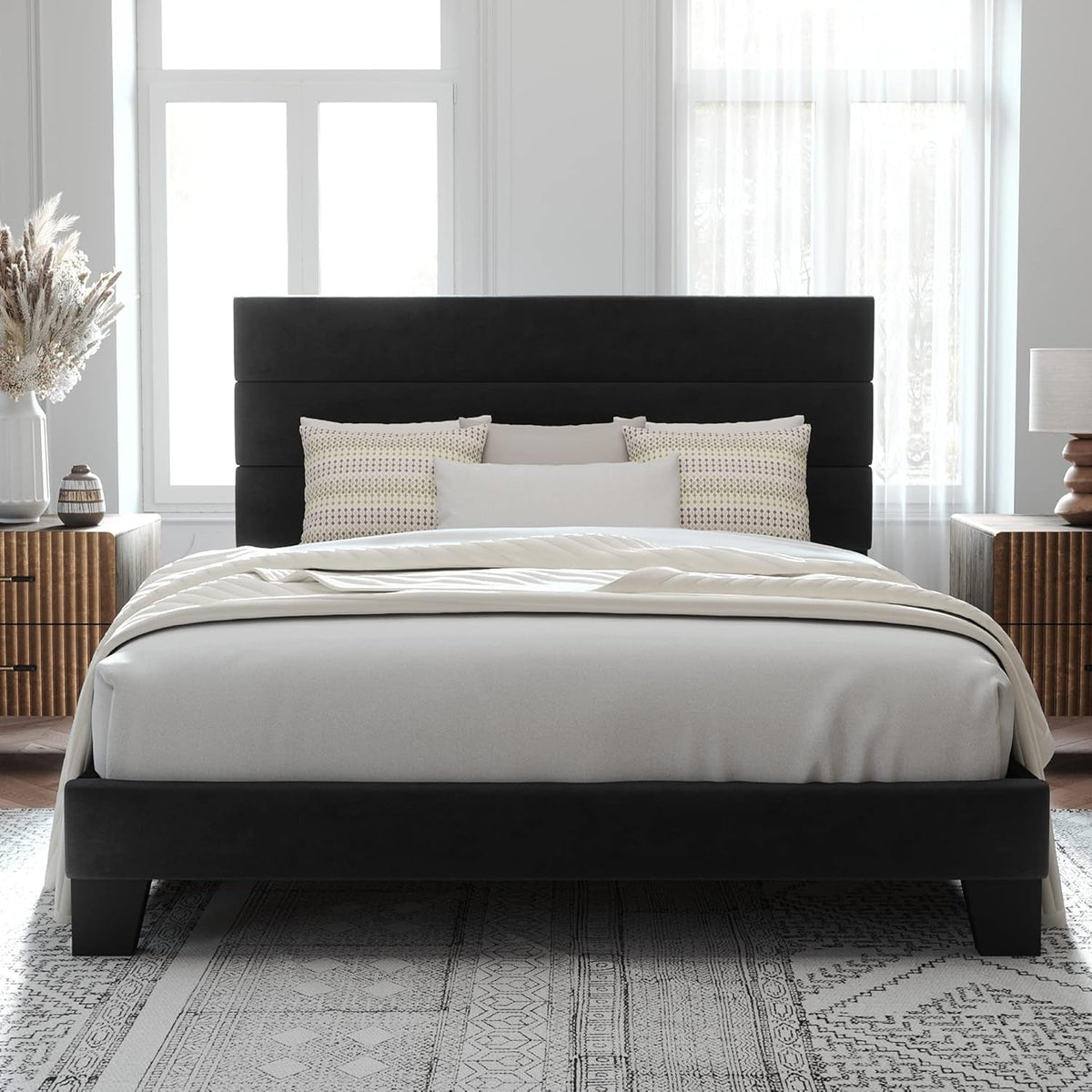 queen-size-platform-bed-frame-with-velvet-upholstered-headboard