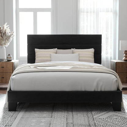 Queen Size Platform Bed Frame with Velvet Upholstered Headboard3