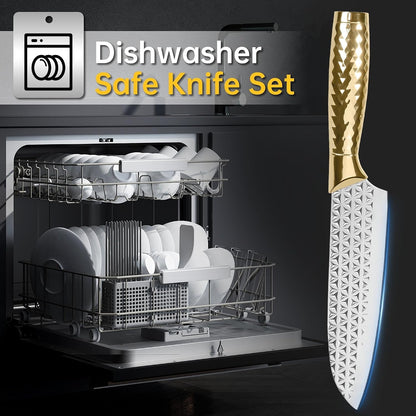 Kitchen Knife Set 14 Pcs with Magnet Holder, Strong Magnetic Knife Strip for Wall, Knives Block Set with Sheath, Chef Knives and Santoku Knives, Stainless Steel Blade, Dishwasher Safe -Gold5