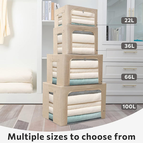 2 Pack Clear Window Storage Bins Foldable Fabric Storage Bins Boxes for Clothes Stackable Box Organizer Set with Carrying Handles (Beige, 22L,15.7X 11.8X 7.8 Inch)7