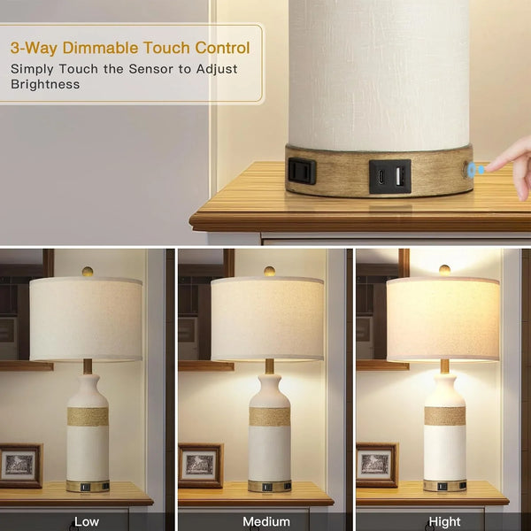 Boho Rattan Table Lamps for Bedroom Nightstand 26" Farmhouse Bedside Lamp Set of 2 with USB C+A Ports & AC Outlet,3-Way Dimmable Touch Control Vintage Lamps for Living Room(Include Bulbs)5