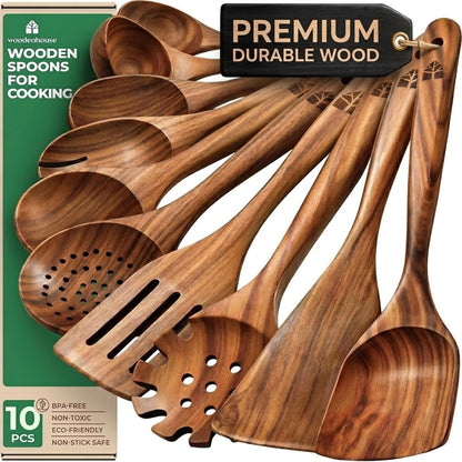 Wooden Spoons for Cooking, 10 Pcs Teak Wood Utensil Set for Nonstick | Durable, Heat Resistant & Food-Safe with Ergonomic Handles –  Kitchen Cookware1