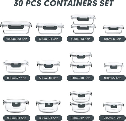 30 Pieces Glass Food Storage Containers Set with Lids, Grey2