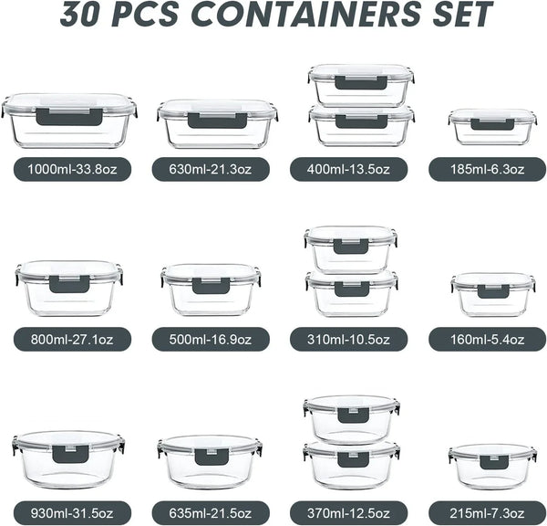 30 Pieces Glass Food Storage Containers Set with Lids, Grey2