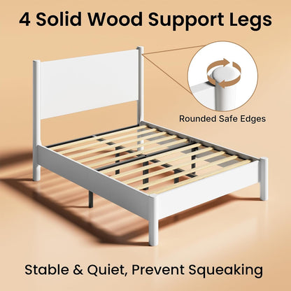 Queen Size Platform Bed Frame with Wood Headboard, White7