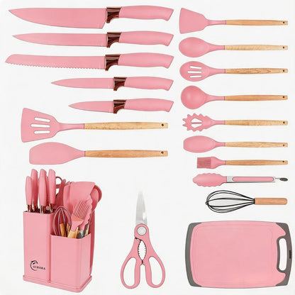 19 Piece Kitchen Utensil Set with Knife Set & Holder, Silicone Cooking Utensil Set with Wooden Handle, Heat Resistant Kitchen Tools Set for Nonstick Cookware Pink1
