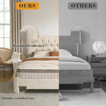 King Size Bed Frame with Headboard, Luxury Velvet Fabric Upholstered Bed Frame with Button Tufted Design, Strong Wooden Slats Support - Low & Sturdy, Noise-Free, No Box Spring, Easy Assembly, Beige4