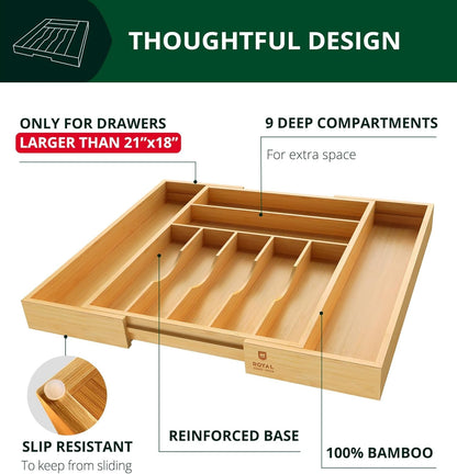 Luxury Bamboo Kitchen Drawer Organizer - Silverware Organizer, Utensil Holder & Cutlery Tray Drawer Dividers for Flatware (9 Slot, Natural)5
