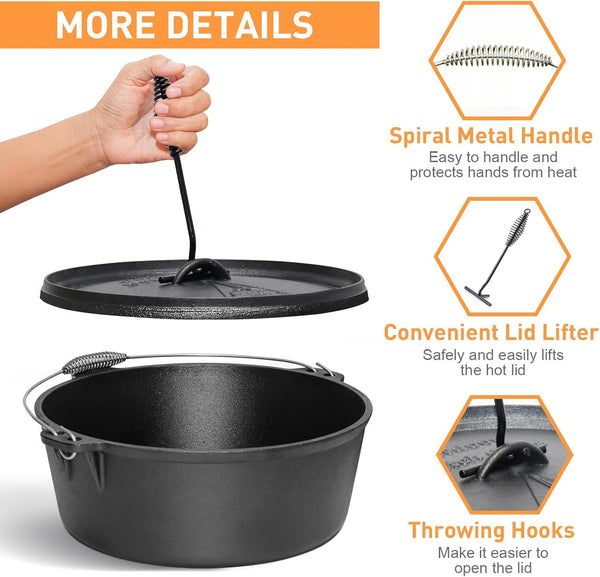 Camping Dutch Oven,12 Qt Pre-Seasoned Cast Iron Camp Dutch Oven Pot with Lid - Lid Lifter, Cast Iron Dutch Oven with Metal Handle for Cooking BBQ Baking Campfire Modern Black3