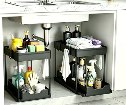 under Sink Organizer 2 Pack, Bathroom Cabinet Organizer, 2 Tier Sliding Cabinet Basket Organizer Drawer, Multi-Purpose Bath Collection Baskets for Bathroom (Black)1