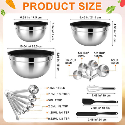 18 Pack Stainless Steel Mixing Bowls with Lids Set Includes Stainless Steel Measuring Cups and Spoons Wire Balloon Whisk Silicone Spatulas Suitable for Kitchen Cooking Baking(Black)2