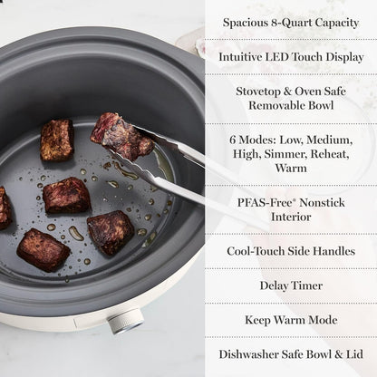 8 Quart Slow Cooker, Ceramic Nonstick Crock, Linen Cream | 6 Modes, Delay Timer, Keep Warm, Dishwasher Safe Bowl & Glass Lid, Stovetop & Oven Safe Removable Pot, Simmet, Reheat, Warm7