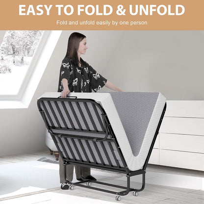 Folding Bed with Memory Foam Mattress, Portable Rollaway Guest Beds on Wheels, 75"X38" Twin Size Space-Saving Cot-Size Bed for Adults with Easy Assembly Metal Frame (Grey)8