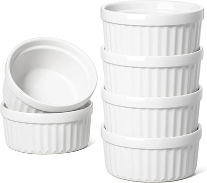 Ramekins 4 OZ Oven Safe, Creme Brulee Ramekins, Pudding Custard Cups Souffle Ramiken, Dipping Sauce Dishes, Ceramic Ramekin Bowls Set of 6, White1