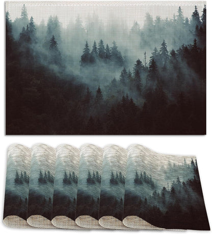 Placemats Set of 6 Linen Washable Kitchen Dining Misty Forest Table Mats Stain Heat-Resistant Desktop Décor Place Mats for Home Party Indoor 12X18 In1