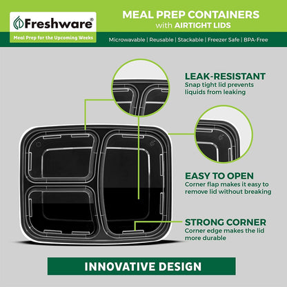 Meal Prep Containers [50 Pack] 3 Compartment Food Storage Containers with Lids, Bento Box, BPA Free, Stackable, Microwave/Dishwasher/Freezer Safe (24 Oz)5