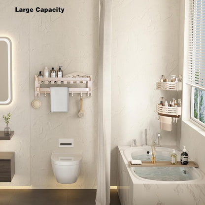 Corner Shower Caddy Suction Cup Shower Shelf Corner No Drilling Bathroom Shower Organizer Storage Rack Adhesive with Towel Bar Hooks(2-Pack, Ivory)2