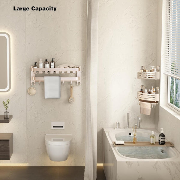 Corner Shower Caddy Suction Cup Shower Shelf Corner No Drilling Bathroom Shower Organizer Storage Rack Adhesive with Towel Bar Hooks(2-Pack, Ivory)2