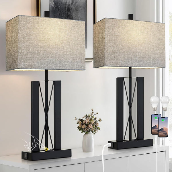 25" Table Lamps Set of 2, Modern Table Lamp for Living Room with 2 USB Charging Ports, Nightstand Geometric Industrial Bedside Lamp with Gray Shade for Bedrooms End Table Decor, Bulbs Included1
