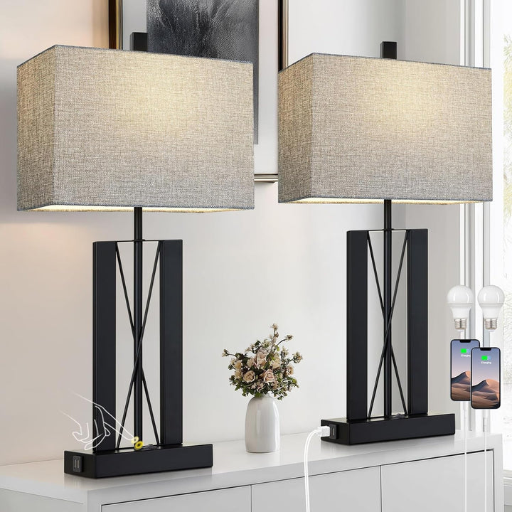 25" Table Lamps Set of 2, Modern Table Lamp for Living Room with 2 USB Charging Ports, Nightstand Geometric Industrial Bedside Lamp with Gray Shade for Bedrooms End Table Decor, Bulbs Included
