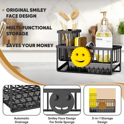 Sponge Holder for Kitchen Sink,Smiley Face Sink Caddy with Removable Brush Holder,Self-Draining Sponge Caddy for Sponge,Soap,Dish Brush,Scrubber,Kitchen Essentials and Gadgets2