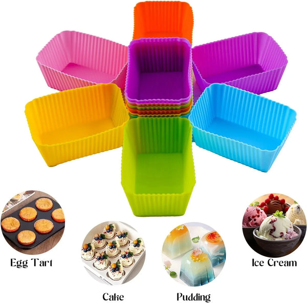 12 Pack Reusable Baking Silicone Molds, Rectangular Cupcake Liners, Silicone Baking Cups Multicolor, Easy Clean, Heat Resistant, All Occasions6