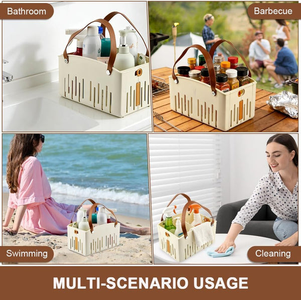 Portable Shower Caddy with Cleaning Sponge, Foldable Shower Storage Basket with Handle and Adjustable Divider, Quick Dry Bathroom Organizer Bin for Bathroom,Dorm,College,Camp,Travel(Color:Cream)7