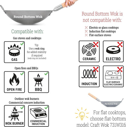 Traditional Hand Hammered Chinese Carbon Steel Wok with Wooden and Steel Helper Handle (14 Inch, round Bottom Pow Wok Pan) / 731W882