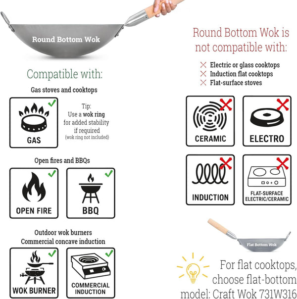 Traditional Hand Hammered Chinese Carbon Steel Wok with Wooden and Steel Helper Handle (14 Inch, round Bottom Pow Wok Pan) / 731W882