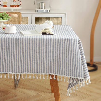 Table Cloth Blue White Striped Tablecloth Tassels Cotton Blend Dust-Proof Table Cover for Dining Coffee Buffet Kitchen Picnic Tables, Parties Indoor Outdoor Square Tablecloths (36X36 Inch)1