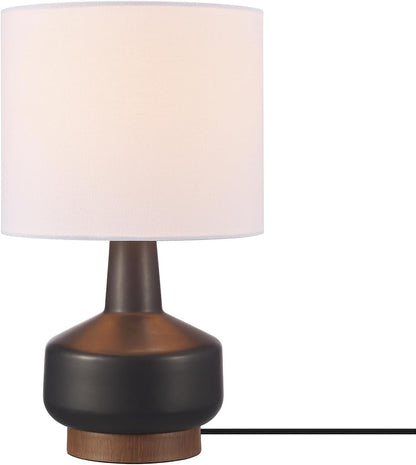 15" Ceramic Table Lamp, Matte Black Base, Wood-Toned Accent, White Linen Shade, Dual Rotary Switch, Modern Bedroom or Office Lighting, 6100004611