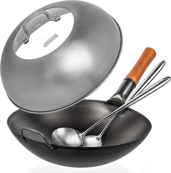 Carbon Steel Wok Pan - 14 “ Woks and Stir Fry Pans with Lid 13.6 Inch - Premium Stainless Cover with Tempered Glass Insert Steam Holes +17’’ Spatula and Ladle1