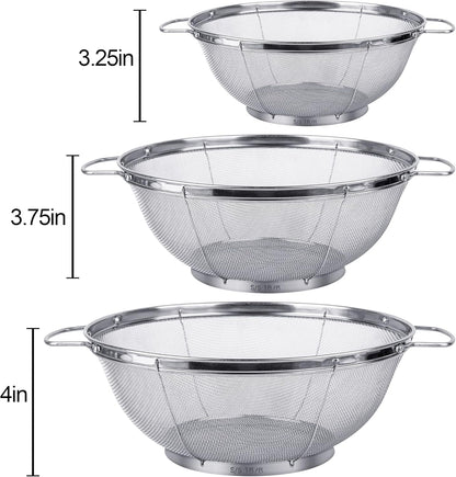 3 Pack 18/8 Stainless Steel Colander Sieves(5-Quart, 4-Quart and 3-Quart), Mesh Strainer Net Baskets with Handles & Resting Base for Strain, Drain, Rinse or Steam5