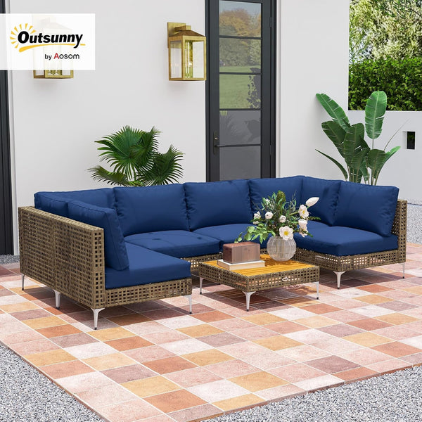 7 Piece Wicker Patio Furniture Set Modular Rattan Brown/Dark Blue3