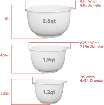 Mixing Bowls with Pour Spout, Set of 3 | Nesting Design Saves Space | Non-Slip, BPA Free, Dishwasher Safe Plastic | Kitchen Cooking and Baking Supplies, White3