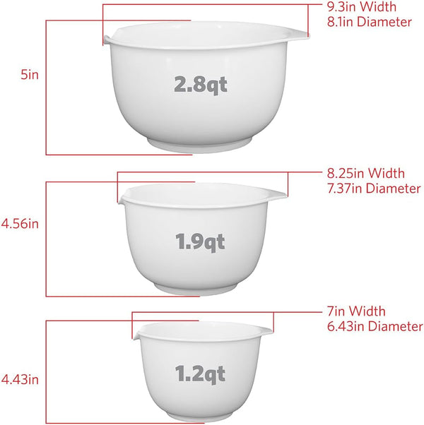 Mixing Bowls with Pour Spout, Set of 3 | Nesting Design Saves Space | Non-Slip, BPA Free, Dishwasher Safe Plastic | Kitchen Cooking and Baking Supplies, White3