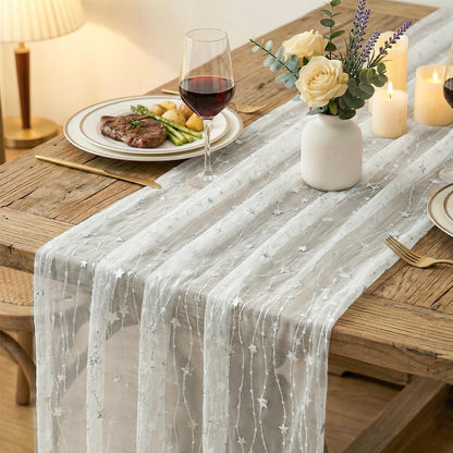 Stars White Gauze Table Runner 10FT, Glitter Metallic Foil Sheer Dining Wedding Anniversary Holiday Birthday Table Decor for Home Party5