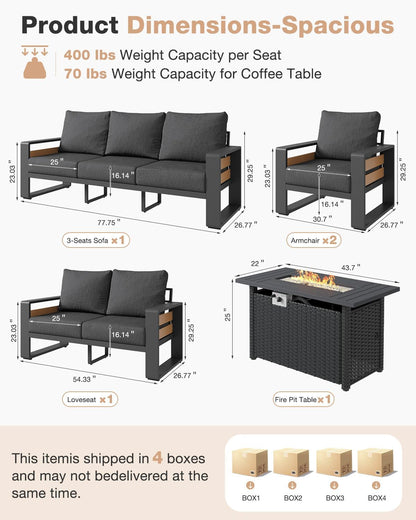 Aluminum Patio Furniture Set with Fire Pit Table, 5 Piece Luxury Outdoor Sectional with 6" Olefin Fabric Cushions, Patio Conversation Sets with Waterproof Cover for Backyard, Porch Dark Grey7