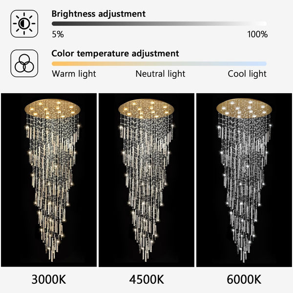 98'' Modern Crystal Chandelier High Ceiling Chandeliers for Entryway Large Raindrop Chandeliers LED Dimmable Flush Mount Light Fixtures for Staircaes Foyer Hallway Living Room LED Bulbs Included Gold3