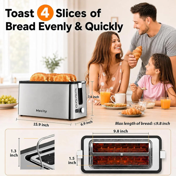 4 Slice Toaster, Long Slot Toaster with Countdown Timer, Bagel/Defrost/Reheat/Cancel Functions,Warming Rack, Removable Tray, 6 Browning Settings, Extra Wide Slots, Stainless Steel, 1300W2