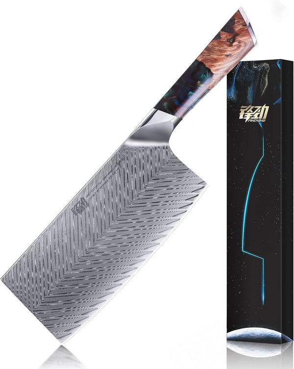 Nebula Series Cleaver Knife, Multipurpose Chinese Chef Knife, 10Cr15Comov Damascus Steel Blade, Resin and Figured Sycamore Handle, Full Tang, 7 Inch, Blue, for Meat, Vegetable Shredding1