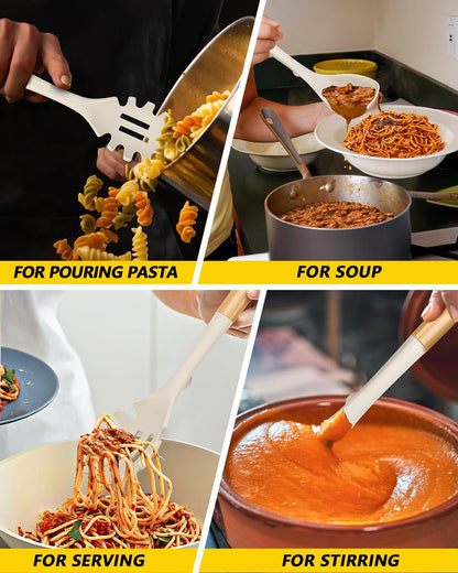 Silicone Soup Ladle and Spaghetti Spoon Set with Wooden Handle, Non Stick Heat Resistant Kitchen Utensils for Cooking, Stirring, Serving Pasta, Soup & Sauce(Khaki)5