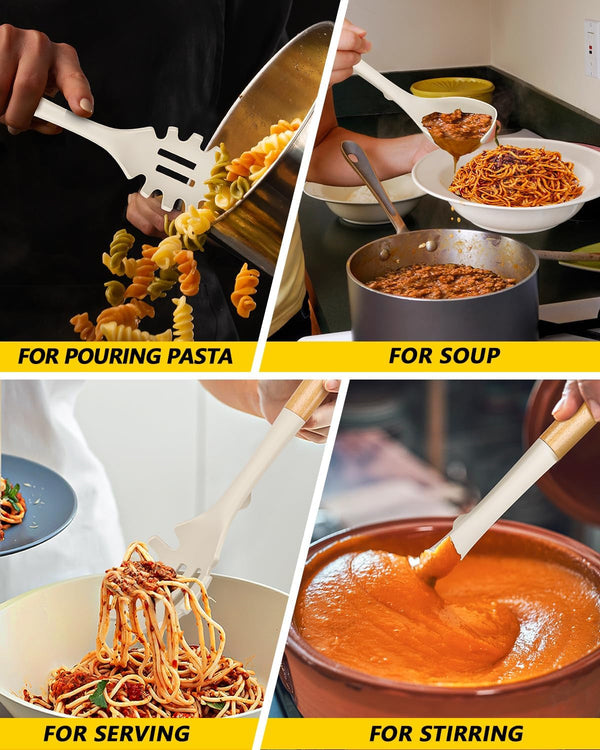 Silicone Soup Ladle and Spaghetti Spoon Set with Wooden Handle, Non Stick Heat Resistant Kitchen Utensils for Cooking, Stirring, Serving Pasta, Soup & Sauce(Khaki)5
