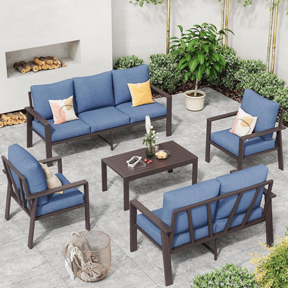 Aluminum Patio Furniture Set 5 Pieces Modern Patio Conversation Sets for Porch, Deck, Garden, 7-Seat Outdoor Furniture Metal Sofa Set with 4" Water-Resistant Cushion & Coffee Table,Navy1