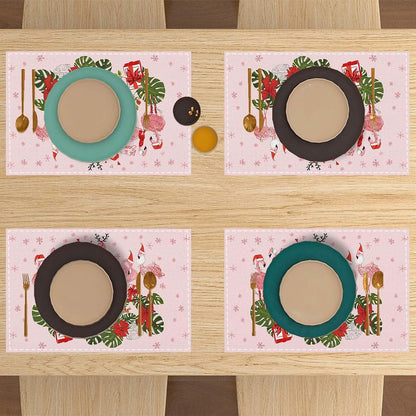 Linen Pink Christmas Placemats Set of 4 Hawaiian Tropical Flamingo Christmas Xmas Winter Holiday Home Kitchen Table Decorations4