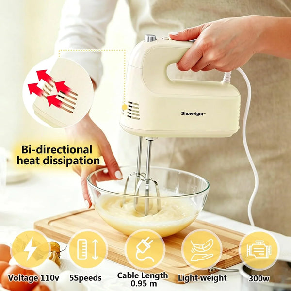 Electric Hand Mixer, 300W Handheld Mixer with 5 Stainless Steel Accessories, 5 Adjustable Speeds + Turbo Boost & Self-Control, One-Button Eject, Food Beater for Cakes, Eggs, Dough (Beige)4