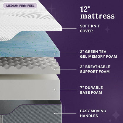 Marley 12 Inch Green Tea Gel Memory Foam Mattress, Full Size, Bed in a Box, Medium Firm Feel3